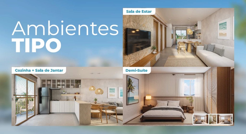 Ambientes do apartamento tipo — sala, cozinha e demi-suíte